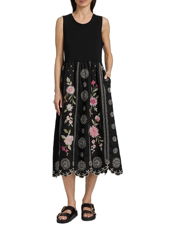 Johnny Was Della Tank Midi Dress Medium Black Floral-Embroidered Linen Nwt